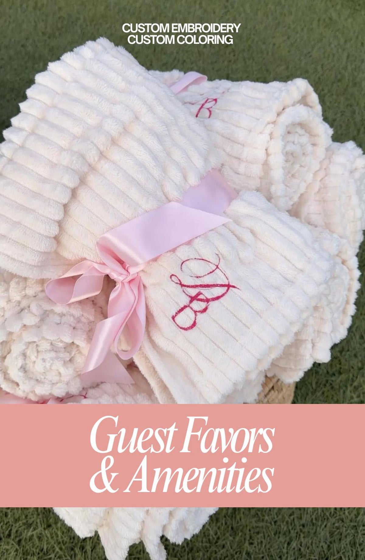 Cream ribbed wedding guest blanket with custom embroidery, tied with a light pink satin ribbon