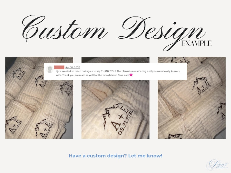 Cream waffle-textured blankets with a dark brown embroidered mountain graphic, initials and wedding date as a custom design example