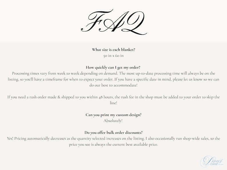 Embroidered wedding blanket FAQ graphic covering size, processing, rush orders, custom designs and bulk orders