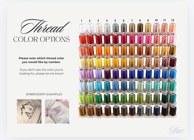 Embroidery thread color chart showing 96 thread spool options