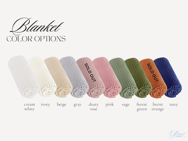 Ten rolled blankets in cream, ivory, beige, gray, pink, sage, forest green, navy and other color options with labels